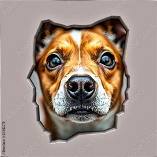 A peeking dog's curious face, cut from a single piece of metal, form, playful