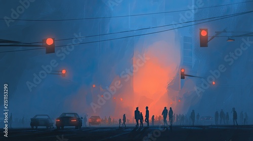Dark Urban Landscape with Silhouettes and Glowing Background