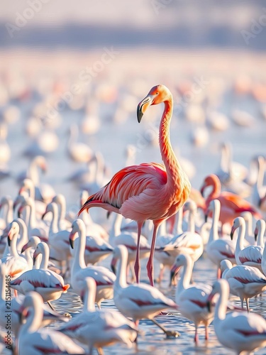 Flamingo standing among snow-white birds on a serene lake bed, its vibrant pink feathers glowing in the morning light, flamingo, lake