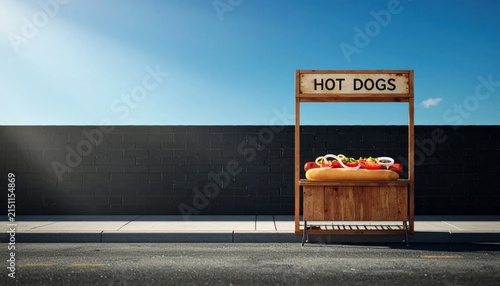Lone hot dog stand on sidewalk against black wall.