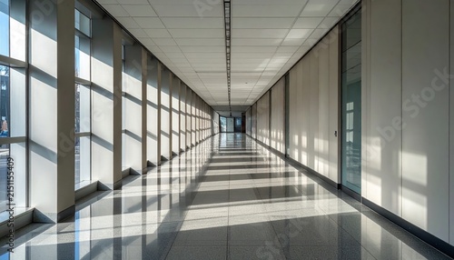 Long empty building hallway with large glass windows.