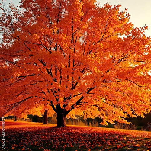 Golden deciduous tree in autumn, reflecting sunset colors, autumn, golden