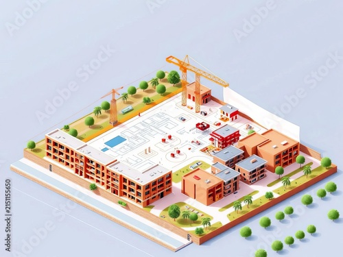 Isometric blueprint illustration of construction site development plan, expansion, ||engineerings