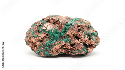 Native copper specimen with green malachite, raw copper mineral with natural patina, isolated on white background