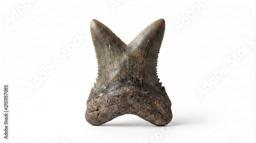 Fossil shark tooth with serrated double cusp and rooted base, isolated on white background