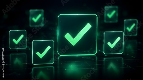 Multiple glowing green checkmark icons on a dark digital interface representing mass data validation and system compliance.
