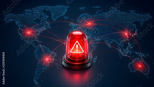 Glowing red warning siren placed on a digital world map with connected red threat points indicating a global cybersecurity emergency.