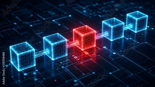 Glowing digital blockchain network architecture featuring a critical red cube representing a system error or cybersecurity vulnerability.