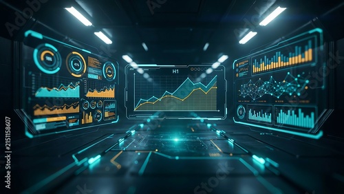 Futuristic digital dashboard displaying analytics graphs charts and performance metrics in high tech interface setting