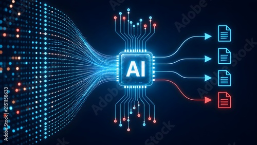 Obraz na płótnie Glowing artificial intelligence microchip processing a continuous stream of digital data into organized files and automated documents.