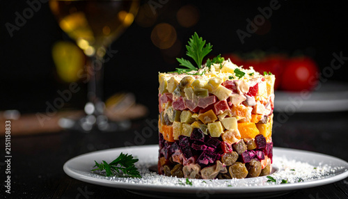 Olivier salad refined modern Russian fine dining presentation