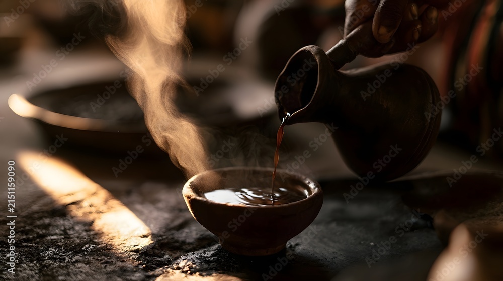 Fototapeta premium Traditional coffee ceremony with dark roast coffee