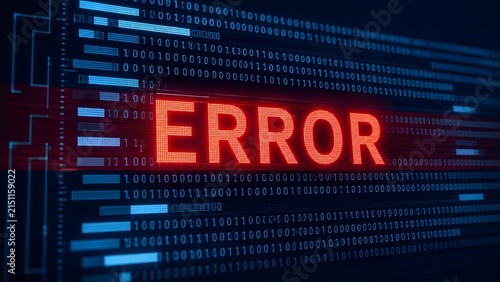 Obraz w ramie Glowing red error message displayed on a digital screen filled with blue binary code representing a critical software failure or system crash.
