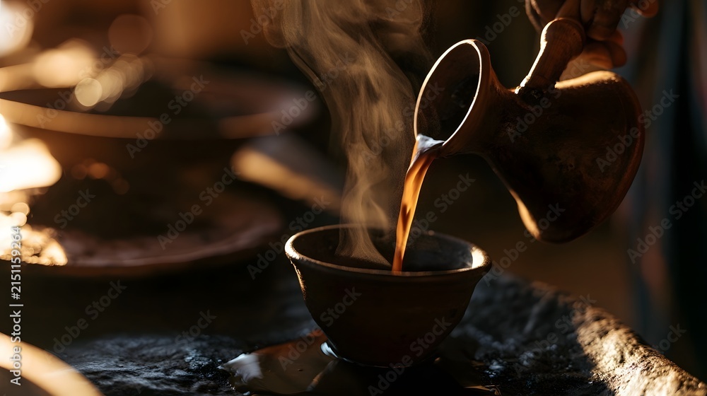 Fototapeta premium Clay jebena pouring fresh Ethiopian coffee