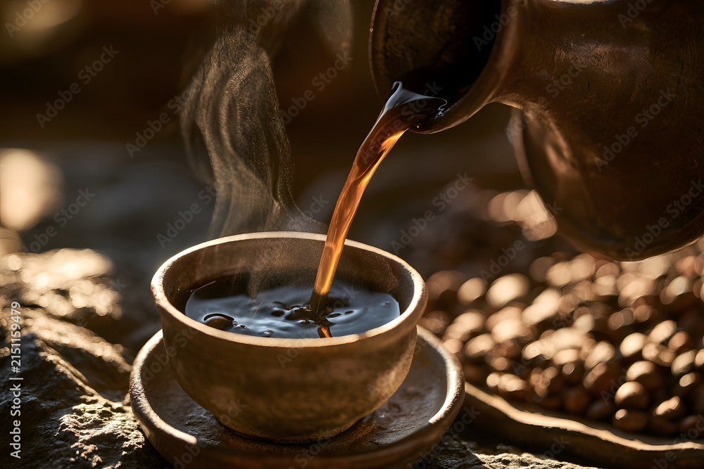 Fototapeta premium Dark coffee poured from a traditional jebena