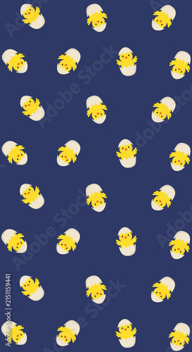 seamless pattern with chicken. Yellow chicks peek from white eggshells against navy blue