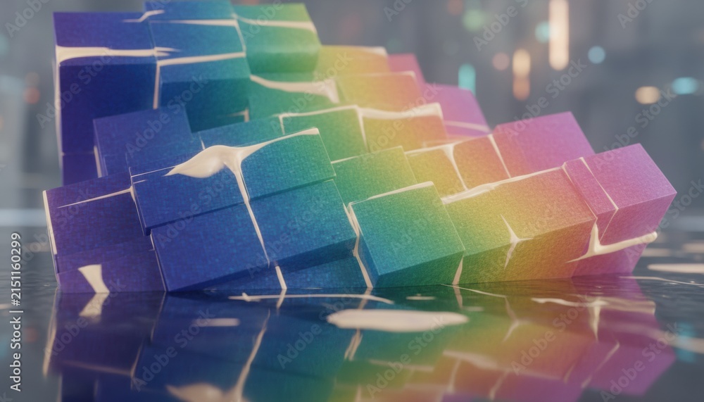 Obraz premium Rainbow colored textured blocks with dripping white paint are arranged in a stepped formation, creating a vibrant abstract composition on a wet, reflective surface