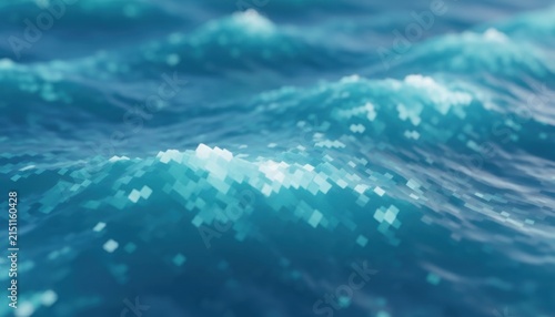 Pixelated blue ocean waves with a digital texture and glowing turquoise highlights create a serene, abstract sea of data with a shallow depth of field and futuristic aesthetic