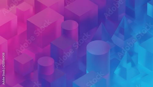 Abstract 3D geometric shapes including cubes, cylinders, and pyramids arranged in a dense isometric pattern with vibrant pink and blue gradient lighting creating a futuristic mood
