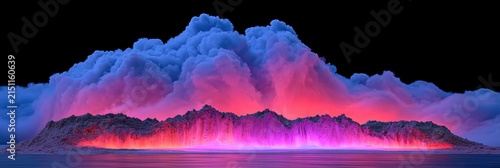 Surreal landscape with glowing mountains and dramatic blue and pink clouds against a black sky
