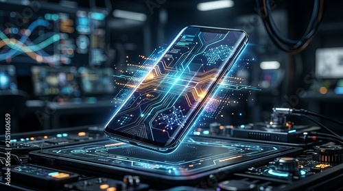 Futuristic smartphone with holographic interface and digital circuits.