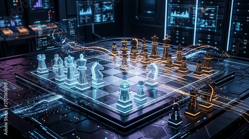 Futuristic Chess Game with Digital Circuitry and Neon Lights.