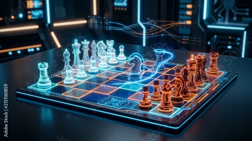 Futuristic Chess Game with Digital Holographic Interface.