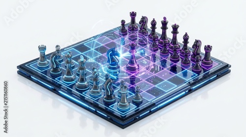 Futuristic glowing chess set on dark surface.