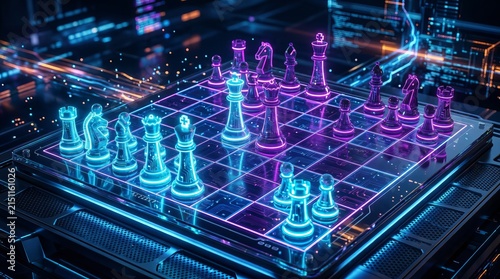 Futuristic Digital Chess Board with Neon Glow.