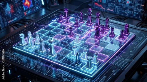 Futuristic Digital Chess Board with Neon Glow.