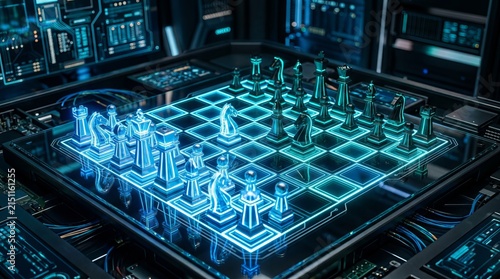 Futuristic Digital Chess Board with Circuitry and Neon Lights.