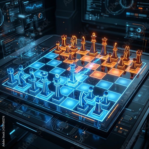 Futuristic holographic chess game with glowing pieces and digital interface.