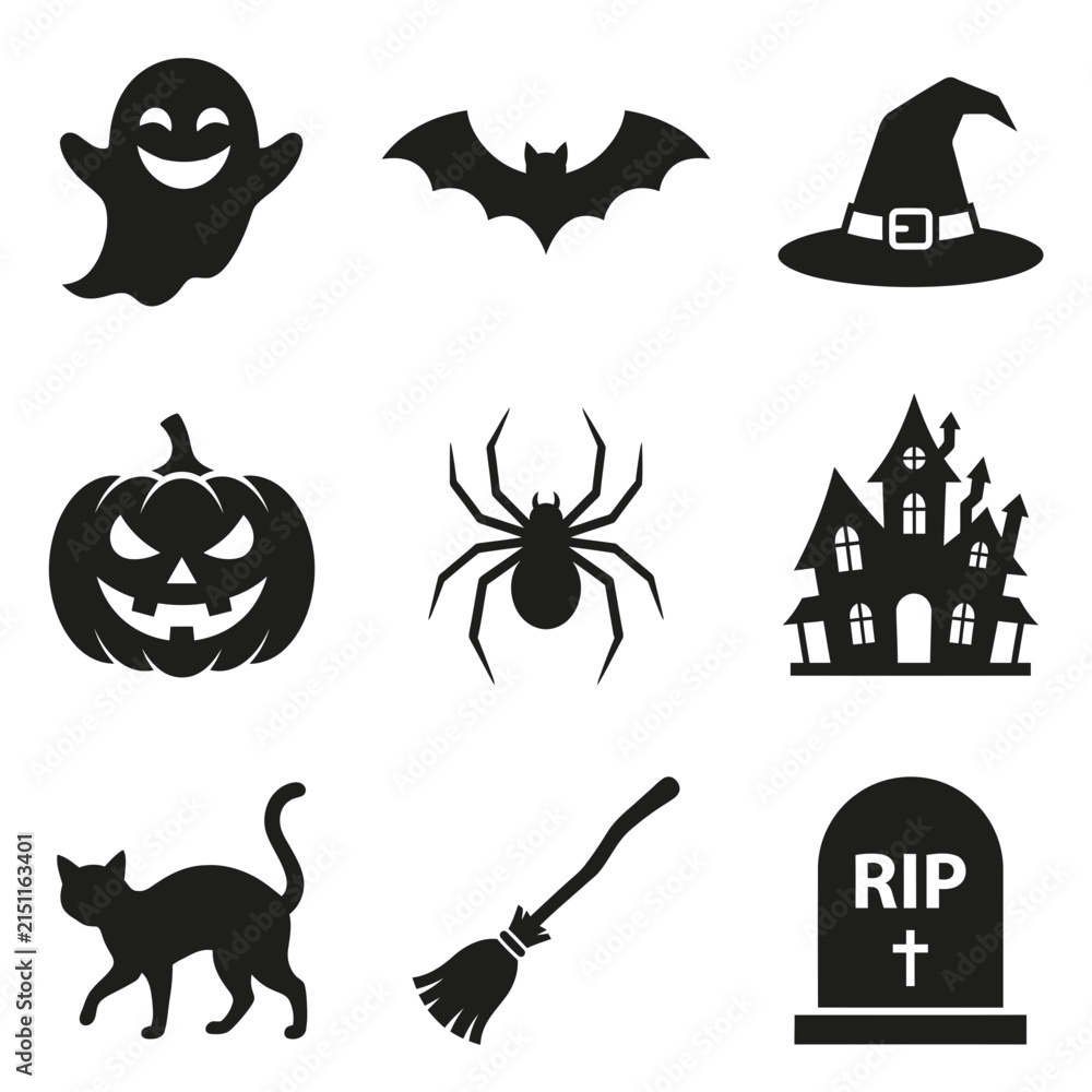 Fototapeta premium Halloween Icons and Symbols. Vector Collection of Witch Hat, Cat, Ghost, Bat, Pumpkin, Spider, Castle, Tombstone. Holiday Background Design Elements isolated on White Background Halloween