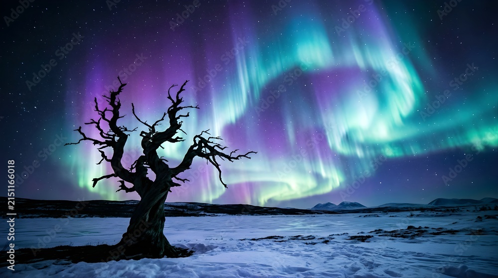 Fototapeta premium Vibrant Aurora Borealis shining over a lone winter tree at night
