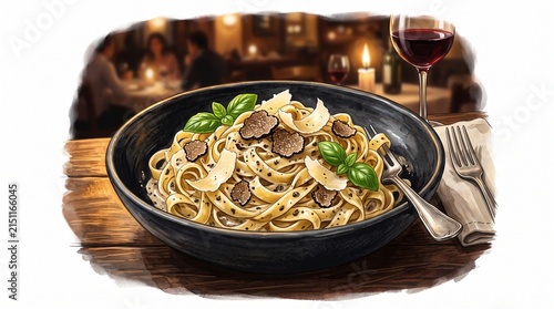 Gourmet Truffle Pasta in Black Ceramic Bowl with Parmesan and Basil Elegant Italian Cuisine Food Illustration