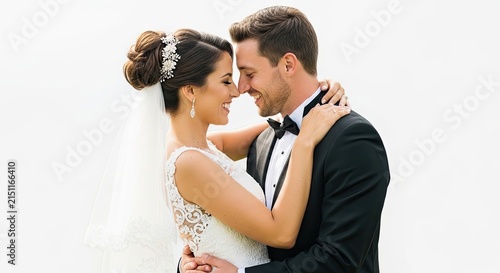 A smiling bride and groom embrace closely against a white background. The bride wears a white lace wedding dress with a veil and a decorative hairpiece.