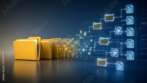 Physical file folders transforming into a glowing digital network of connected documents representing cloud storage and data digitization