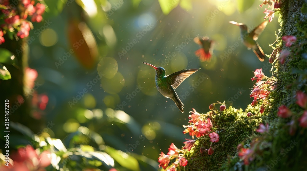 Naklejka premium Hummingbirds flutter amongst soft pink blossoms in a sunlit jungle setting capturing the essence of a thriving ecosystem.
