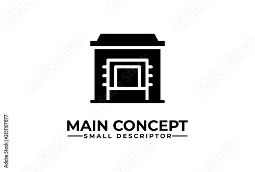 Garage door creates a bold industrial icon for vehicle storage or property maintenance logos.