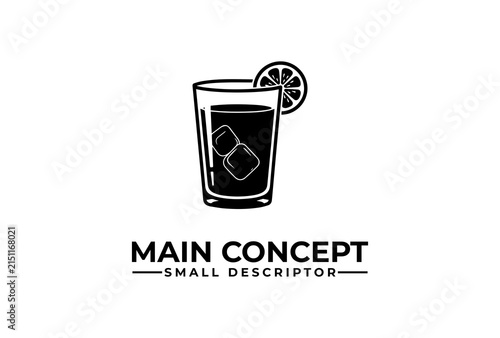Glass of refreshing cold drink with ice cubes and lemon slice serves as a modern brand logo.