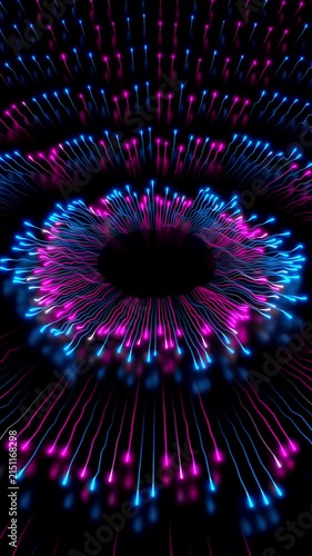 Circular Energy Lines Cyan Orange with Radiating Seamless slow motion 15 second vertical. Abstract seamless loop of circular neon lines with glowing particles expanding outward in different 