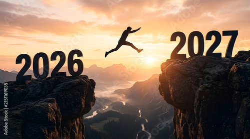 A silhouette of a person jumping across a cliff from the year 2026 to 2027 at sunset
