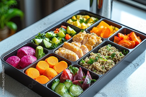 Healthy colorful bento box with chicken quinoa and fresh vegetables on kitchen counter for nutritious meal prep
