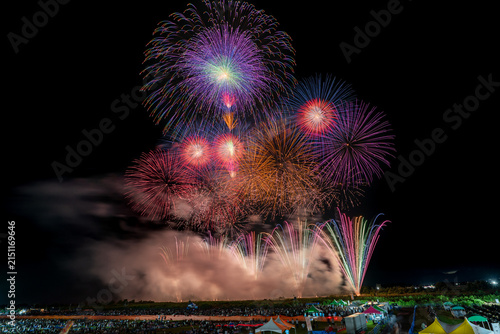 Cluster of white and gold fireworks blooming together over crowd in Japan