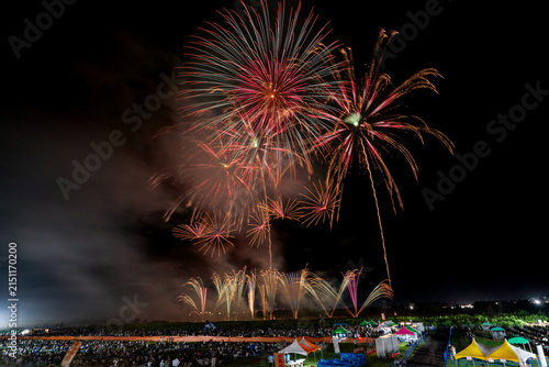Vivid multicolor fireworks explosion with red, blue and gold in Japan