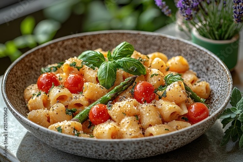 Fresh pasta salad with cherry tomatoes, asparagus, basil, and parmesan in ceramic bowl on garden table