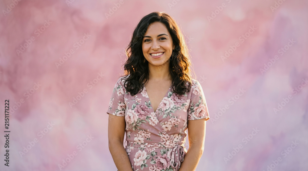 Fototapeta premium Smiling woman in floral dress posing against soft pink textured background for portrait photography session