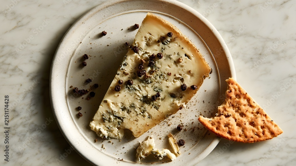 Fototapeta premium Artisan cheese wedge flat lay