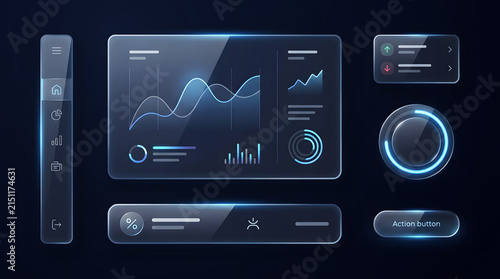 Futuristic Glass morphism UI UX Dashboard Interface Kit with Data Graphs and Control Widgets