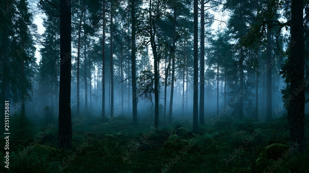 Fototapeta premium Misty Scandinavian pine forest at dawn with ethereal blue atmosphere
